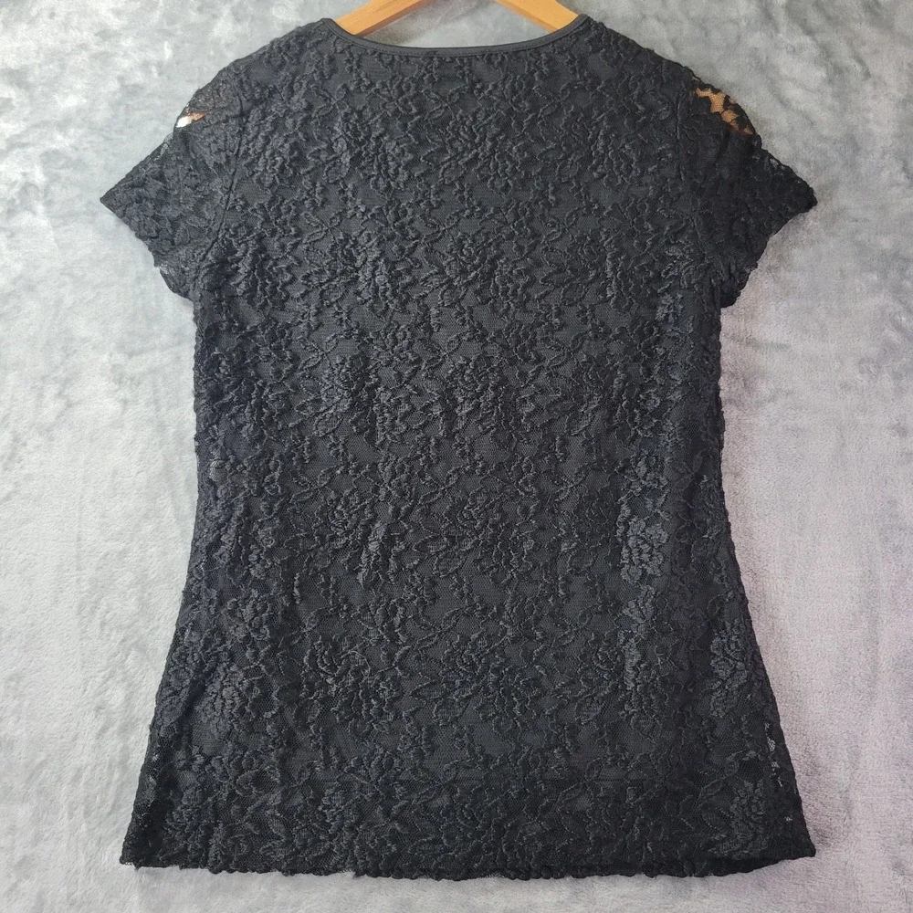 Carmen Marc Valvo Black Floral Lace Short Sleeve Lined Blouse Top Goth Small - Picture 6 of 8